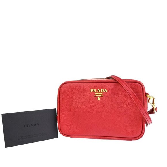 PRADA Saffiano Mini Crossbody Shoulder Bag Leather Red Fuoco Gold Italy - Picture 1 of 16